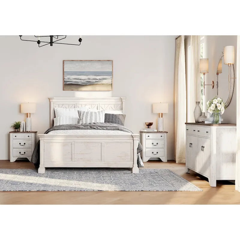 Ensemble de chambre à coucher WAMPAT style ferme 3 pièces, buffet de 150 cm de large et ensemble de 2 tables de chevet en bois avec station de recharge