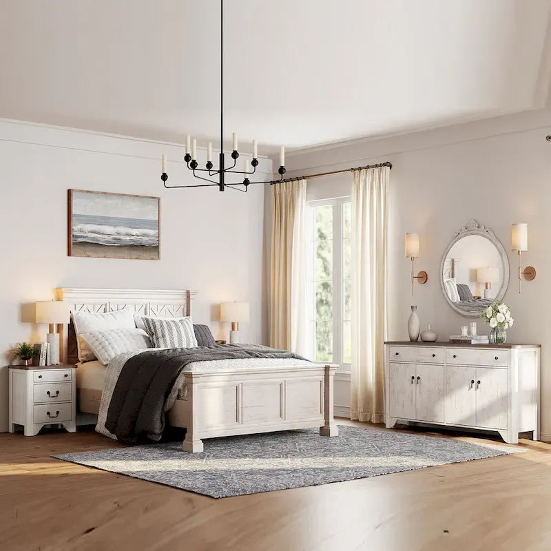 Ensemble de chambre à coucher WAMPAT style ferme 3 pièces, buffet de 150 cm de large et ensemble de 2 tables de chevet en bois avec station de recharge