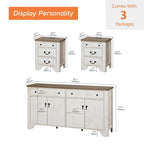 Ensemble de chambre à coucher WAMPAT style ferme 3 pièces, buffet de 150 cm de large et ensemble de 2 tables de chevet en bois avec station de recharge