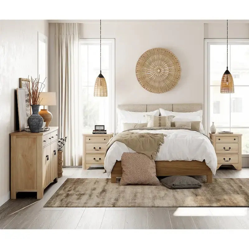 Ensemble de chambre à coucher WAMPAT style ferme 3 pièces, buffet de 150 cm de large et ensemble de 2 tables de chevet en bois avec station de recharge