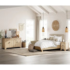Ensemble de chambre à coucher WAMPAT style ferme 3 pièces, buffet de 150 cm de large et ensemble de 2 tables de chevet en bois avec station de recharge