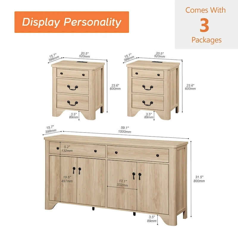 Ensemble de chambre à coucher WAMPAT style ferme 3 pièces, buffet de 150 cm de large et ensemble de 2 tables de chevet en bois avec station de recharge