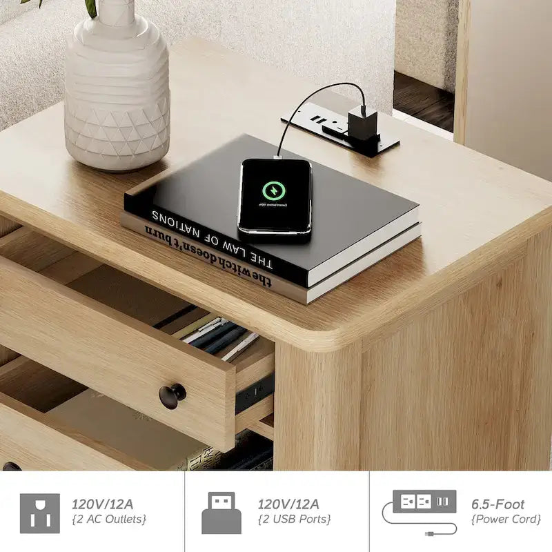 Ensemble de chambre à coucher WAMPAT style ferme 3 pièces, buffet de 150 cm de large et ensemble de 2 tables de chevet en bois avec station de recharge