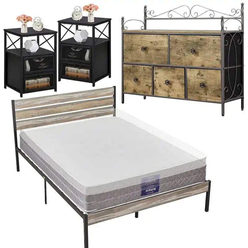 Ensemble de chambre à coucher 4 pièces comprenant une commode et 2 tables de chevet, une commode à 5 tiroirs, coloris marron/gris