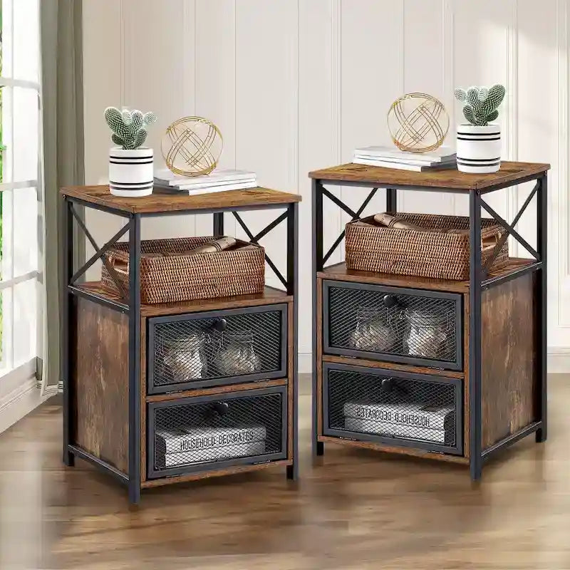 Ensemble de chambre à coucher 4 pièces comprenant une commode et 2 tables de chevet, une commode à 5 tiroirs, coloris marron/gris