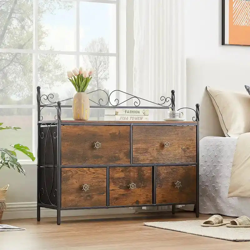 Ensemble de chambre à coucher 4 pièces comprenant une commode et 2 tables de chevet, une commode à 5 tiroirs, coloris marron/gris