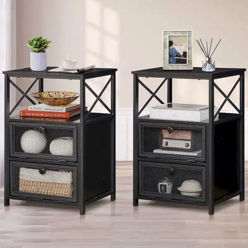 Ensemble de chambre à coucher 4 pièces comprenant une commode et 2 tables de chevet, une commode à 5 tiroirs, coloris marron/gris
