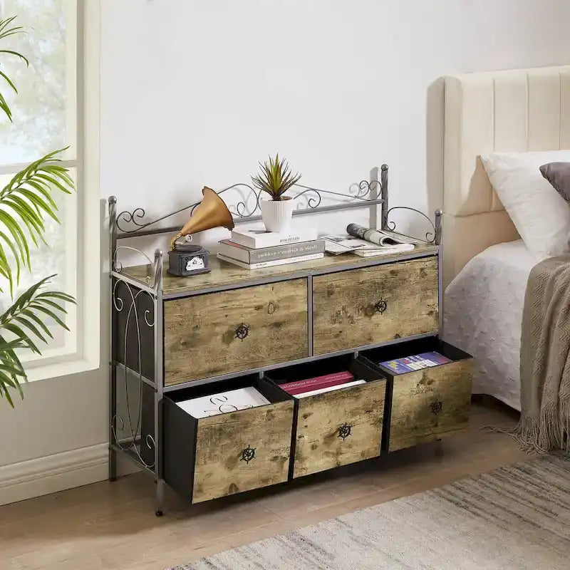 Ensemble de chambre à coucher 4 pièces comprenant une commode et 2 tables de chevet, une commode à 5 tiroirs, coloris marron/gris