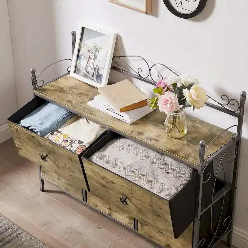 Ensemble de chambre à coucher 4 pièces comprenant une commode et 2 tables de chevet, une commode à 5 tiroirs, coloris marron/gris