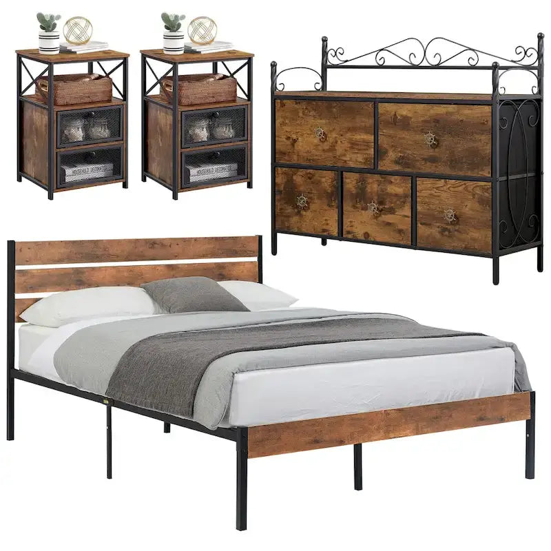Ensemble de chambre à coucher 4 pièces comprenant une commode et 2 tables de chevet, une commode à 5 tiroirs, coloris marron/gris