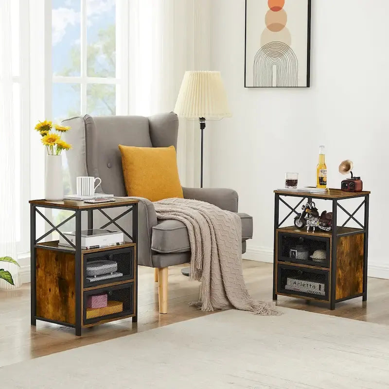 Ensemble de chambre à coucher 4 pièces comprenant une commode et 2 tables de chevet, une commode à 5 tiroirs, coloris marron/gris