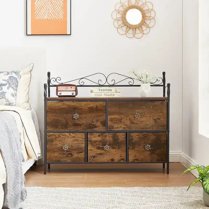 Ensemble de chambre à coucher 4 pièces comprenant une commode et 2 tables de chevet, une commode à 5 tiroirs, coloris marron/gris