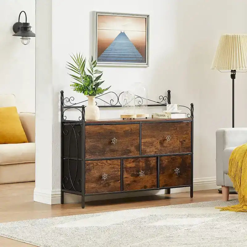 Ensemble de chambre à coucher 4 pièces comprenant une commode et 2 tables de chevet, une commode à 5 tiroirs, coloris marron/gris