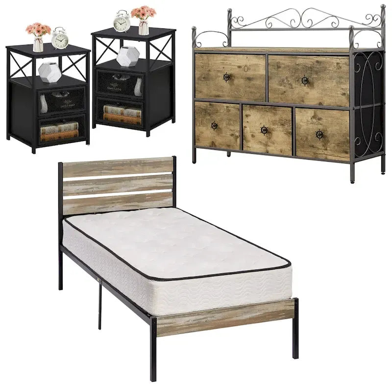 Ensemble de chambre à coucher 4 pièces comprenant une commode et 2 tables de chevet, une commode à 5 tiroirs, coloris marron/gris