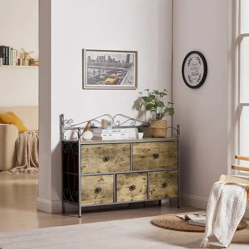 Ensemble de chambre à coucher 4 pièces comprenant une commode et 2 tables de chevet, une commode à 5 tiroirs, coloris marron/gris