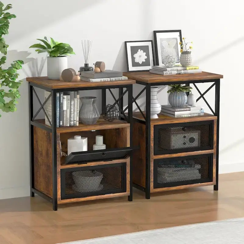 Ensemble de chambre à coucher 4 pièces comprenant une commode et 2 tables de chevet, une commode à 5 tiroirs, coloris marron/gris