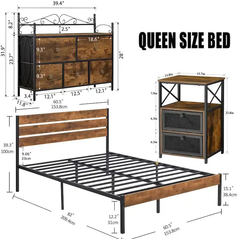 Ensemble de chambre à coucher 4 pièces comprenant une commode et 2 tables de chevet, une commode à 5 tiroirs, coloris marron/gris