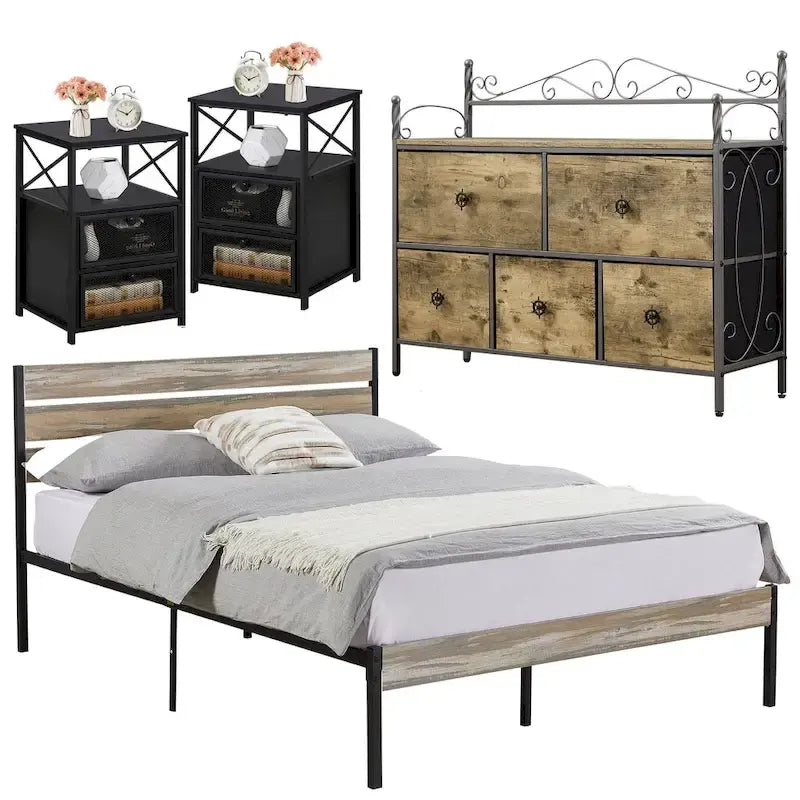 Ensemble de chambre à coucher 4 pièces comprenant une commode et 2 tables de chevet, une commode à 5 tiroirs, coloris marron/gris