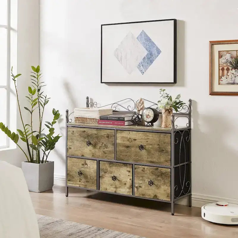 Ensemble de chambre à coucher 4 pièces comprenant une commode et 2 tables de chevet, une commode à 5 tiroirs, coloris marron/gris