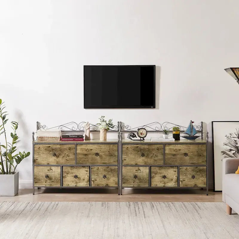 Ensemble de chambre à coucher 4 pièces comprenant une commode et 2 tables de chevet, une commode à 5 tiroirs, coloris marron/gris