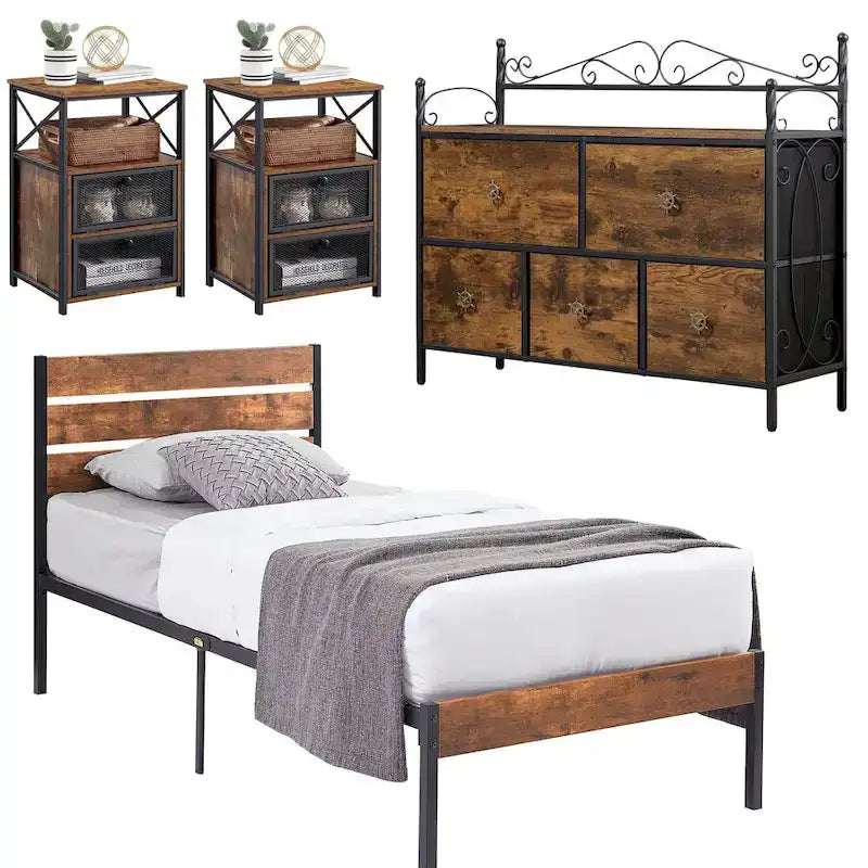 Ensemble de chambre à coucher 4 pièces comprenant une commode et 2 tables de chevet, une commode à 5 tiroirs, coloris marron/gris