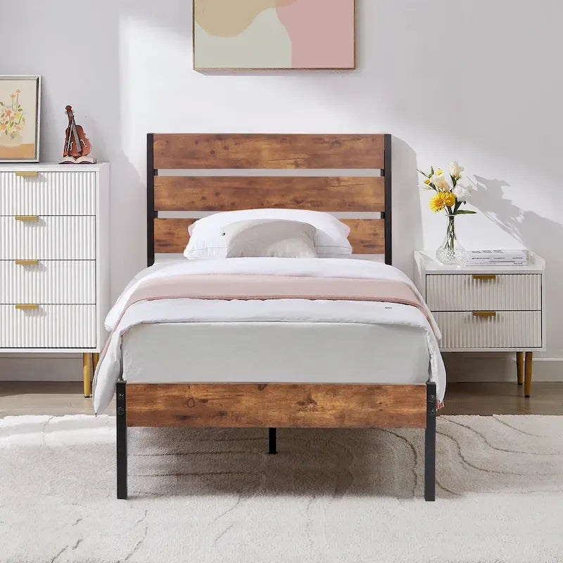 Ensemble de chambre à coucher 4 pièces comprenant une commode et 2 tables de chevet, une commode à 5 tiroirs, coloris marron/gris