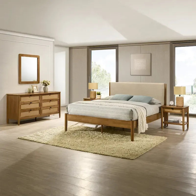 Ensemble de chambre à coucher en rotin 5 pièces Roundhill Furniture Vichy avec lit queen rembourré, commode, coiffeuse, miroir et 2 tables de chevet