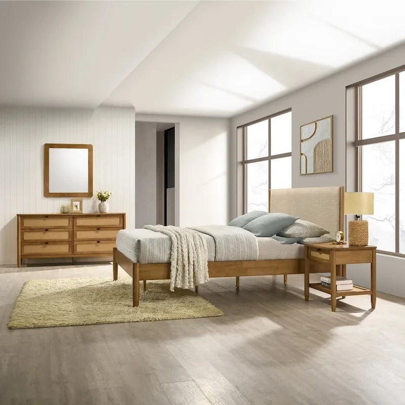 Ensemble de chambre à coucher en rotin 5 pièces Roundhill Furniture Vichy avec lit queen rembourré, commode, coiffeuse, miroir et 2 tables de chevet