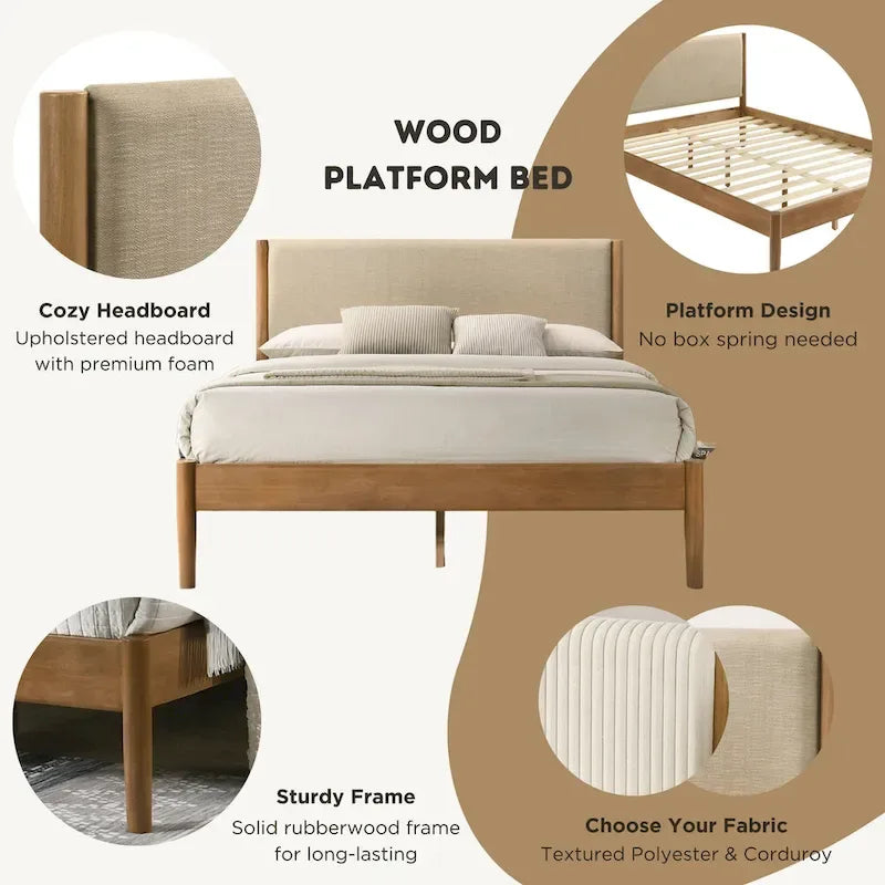 Ensemble de chambre à coucher en rotin 5 pièces Roundhill Furniture Vichy avec lit queen rembourré, commode, coiffeuse, miroir et 2 tables de chevet