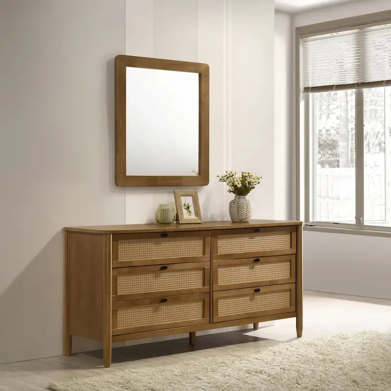 Ensemble de chambre à coucher en rotin 5 pièces Roundhill Furniture Vichy avec lit queen rembourré, commode, coiffeuse, miroir et 2 tables de chevet