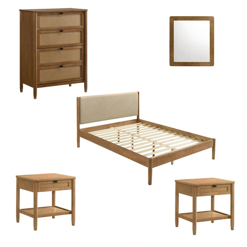 Ensemble de chambre à coucher en rotin 5 pièces Roundhill Furniture Vichy avec lit queen rembourré, commode, coiffeuse, miroir et 2 tables de chevet