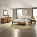 Ensemble de chambre à coucher en rotin 5 pièces Roundhill Furniture Vichy avec lit queen rembourré, commode, coiffeuse, miroir et 2 tables de chevet
