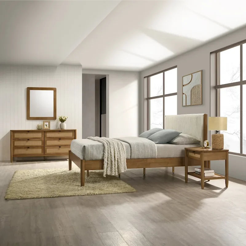Ensemble de chambre à coucher en rotin 5 pièces Roundhill Furniture Vichy avec lit queen rembourré, commode, coiffeuse, miroir et 2 tables de chevet