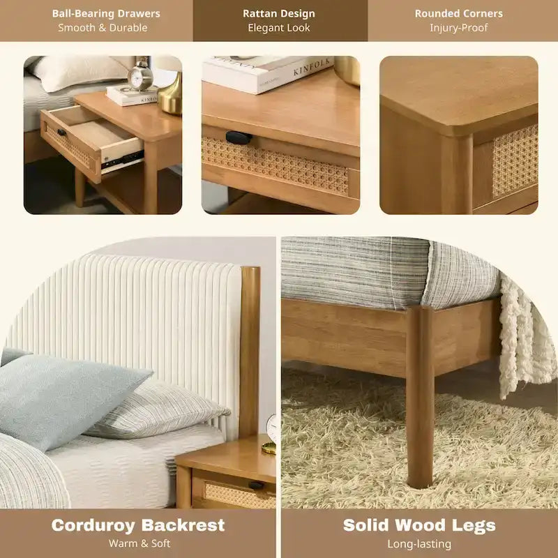Ensemble de chambre à coucher en rotin 5 pièces Roundhill Furniture Vichy avec lit queen rembourré, commode, coiffeuse, miroir et 2 tables de chevet