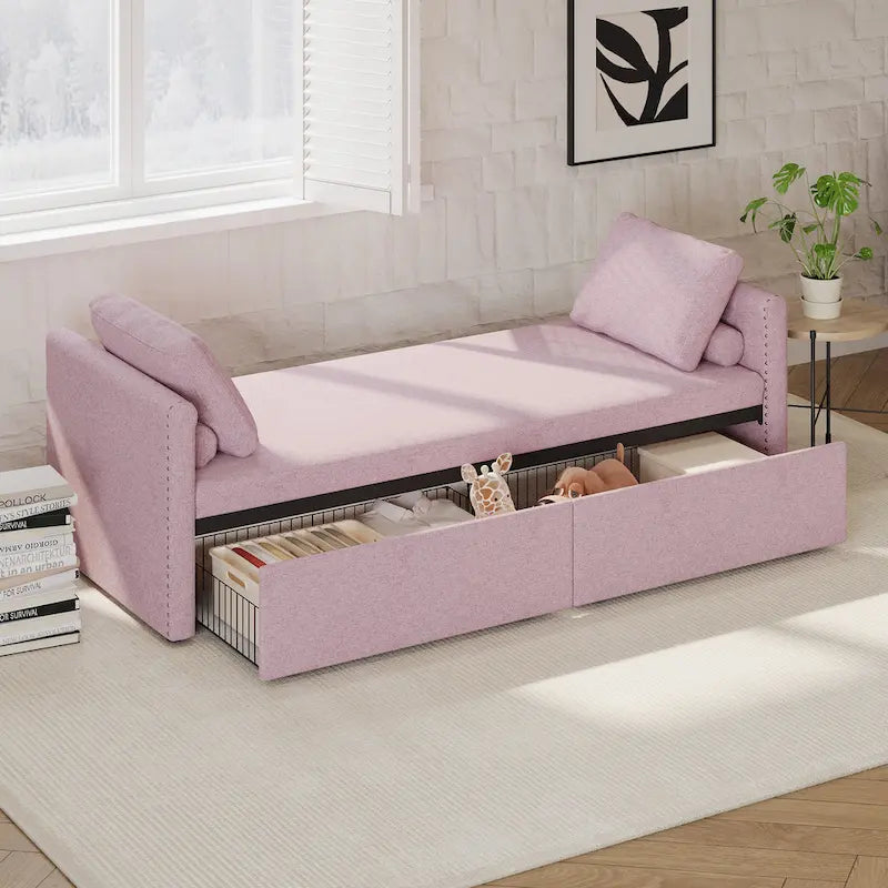 Méridienne/Lit de repos moderne rembourré en lin avec oreillers et 2 tiroirs pour le salon
