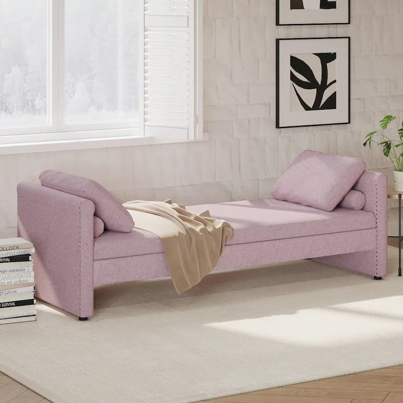 Méridienne/Lit de repos moderne rembourré en lin avec oreillers et 2 tiroirs pour le salon