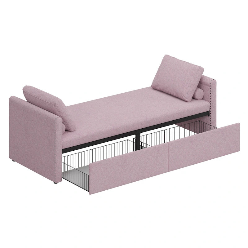 Méridienne/Lit de repos moderne rembourré en lin avec oreillers et 2 tiroirs pour le salon