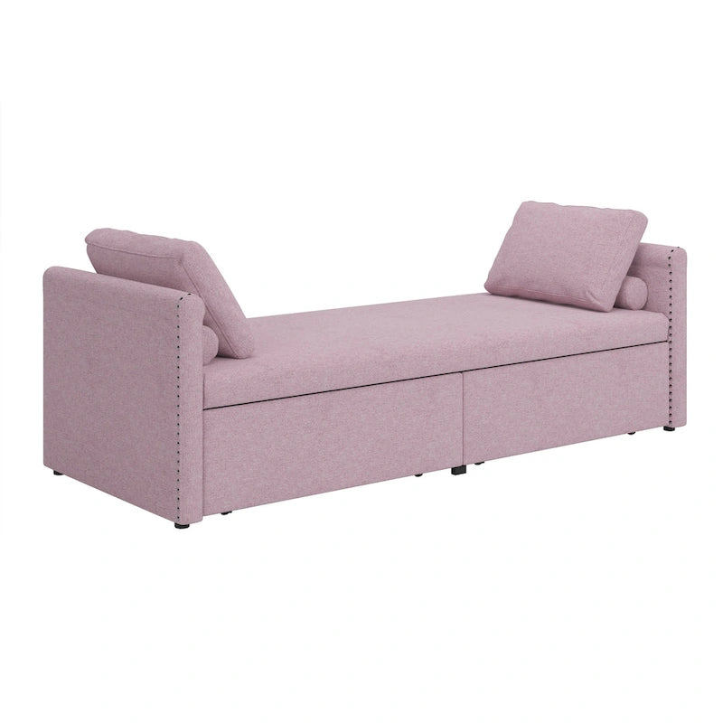 Méridienne/Lit de repos moderne rembourré en lin avec oreillers et 2 tiroirs pour le salon