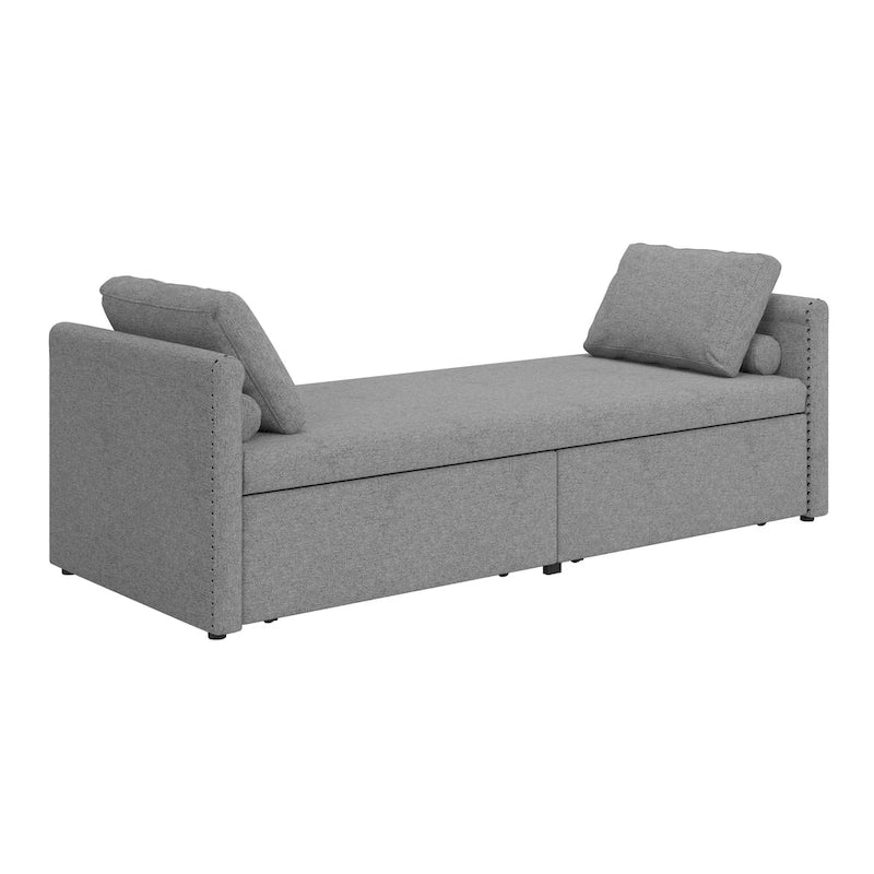 Méridienne/Lit de repos moderne rembourré en lin avec oreillers et 2 tiroirs pour le salon