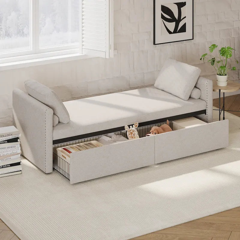 Méridienne/Lit de repos moderne rembourré en lin avec oreillers et 2 tiroirs pour le salon