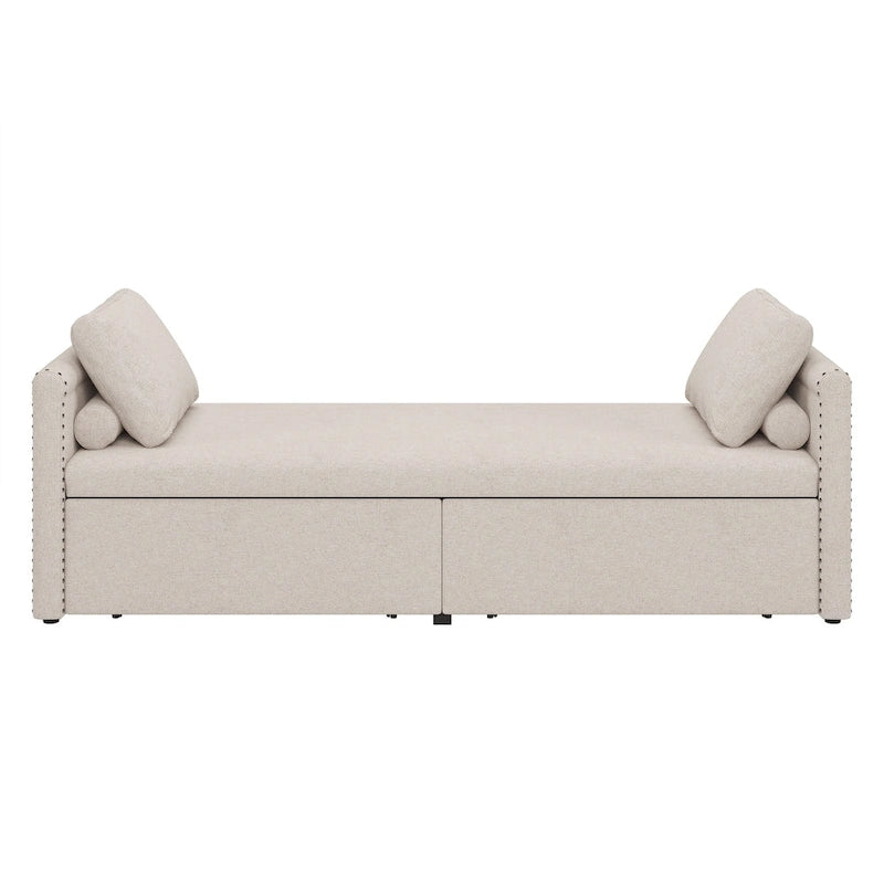 Méridienne/Lit de repos moderne rembourré en lin avec oreillers et 2 tiroirs pour le salon