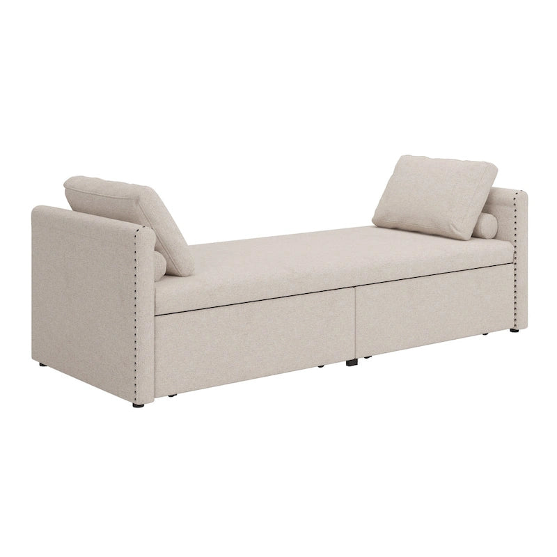 Méridienne/Lit de repos moderne rembourré en lin avec oreillers et 2 tiroirs pour le salon
