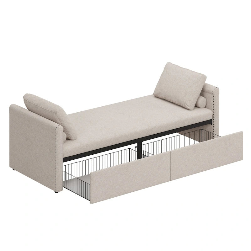 Méridienne/Lit de repos moderne rembourré en lin avec oreillers et 2 tiroirs pour le salon