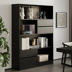 Bibliothèque de rangement contemporaine en bois noir à plusieurs étagères