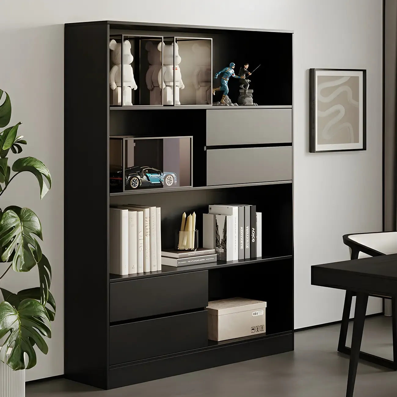 Bibliothèque de rangement contemporaine en bois noir à plusieurs étagères