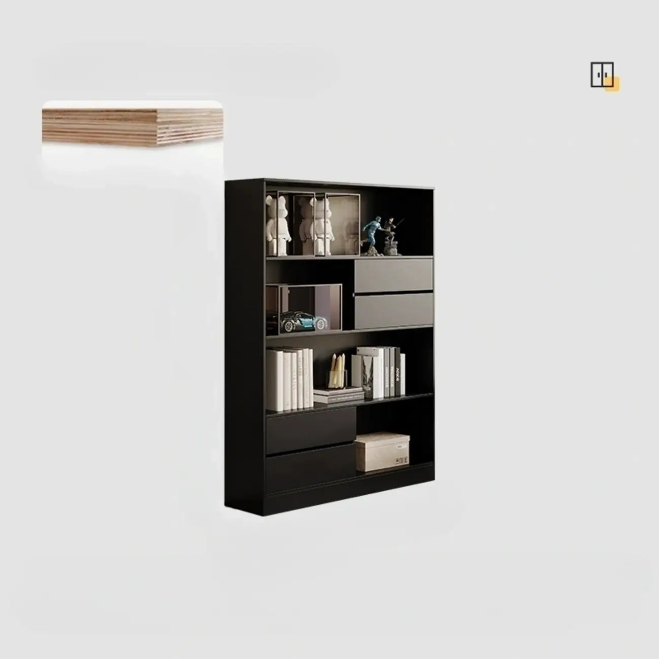 Bibliothèque de rangement contemporaine en bois noir à plusieurs étagères