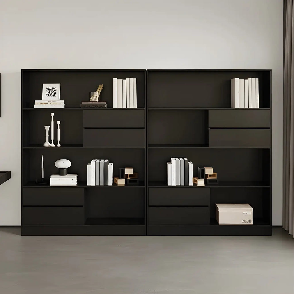 Bibliothèque de rangement contemporaine en bois noir à plusieurs étagères