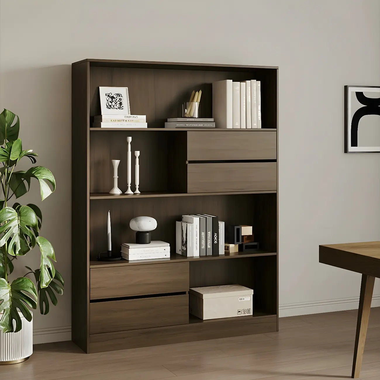 Bibliothèque de rangement contemporaine en bois noir à plusieurs étagères