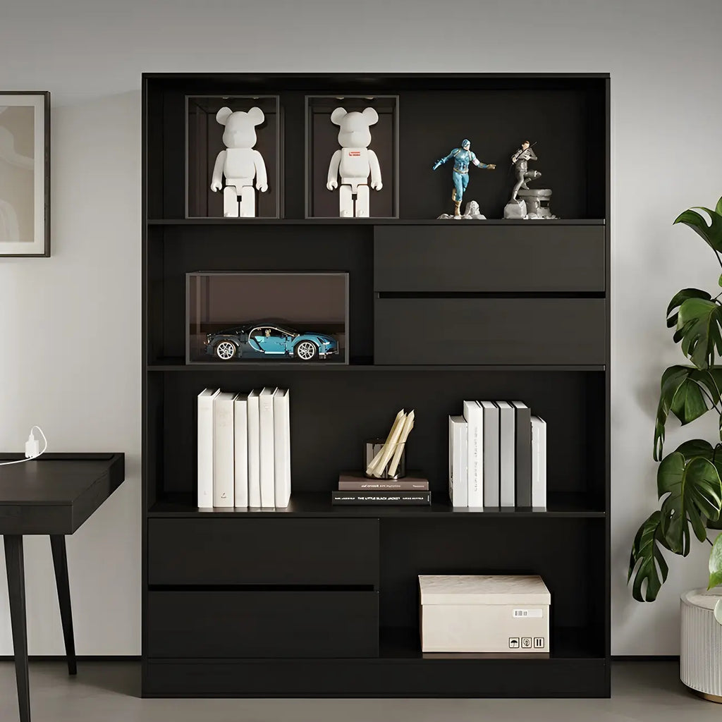 Bibliothèque de rangement contemporaine en bois noir à plusieurs étagères