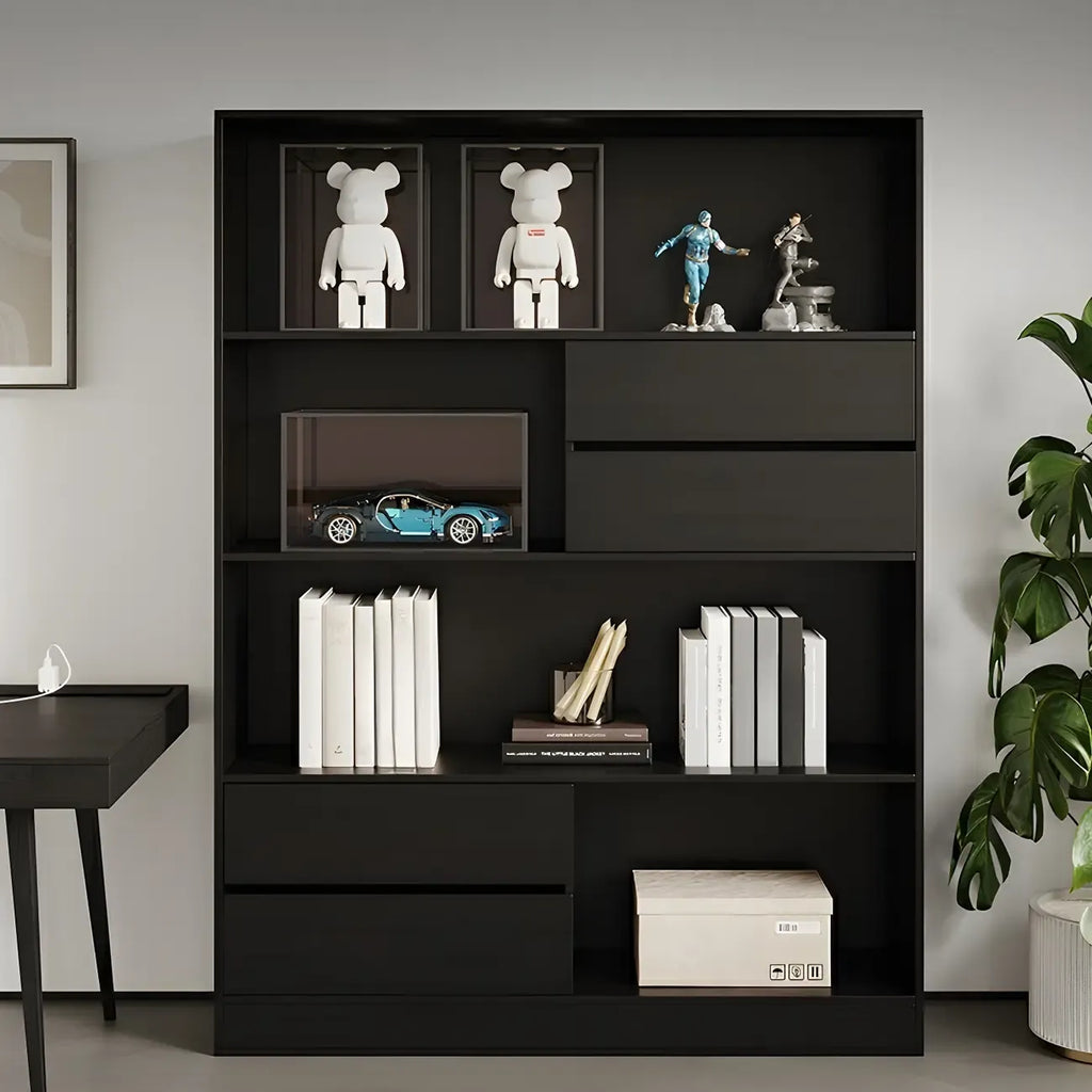 Bibliothèque de rangement contemporaine en bois noir à plusieurs étagères
